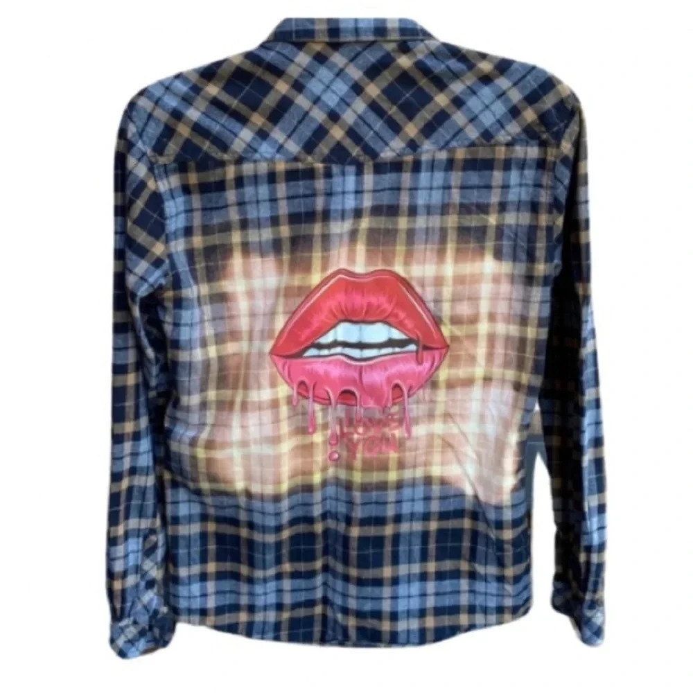 Bleached Punk Grunge LOB Red Lip Graphic Blue&Brown Plaid‎ Flannel-SzM Womens